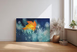 Sinus Art Wandbild 120x80cm Einzelnes orangefarbenes Ahornblatt im feuchten Gras mit Tautropfen und Lichtpunkten