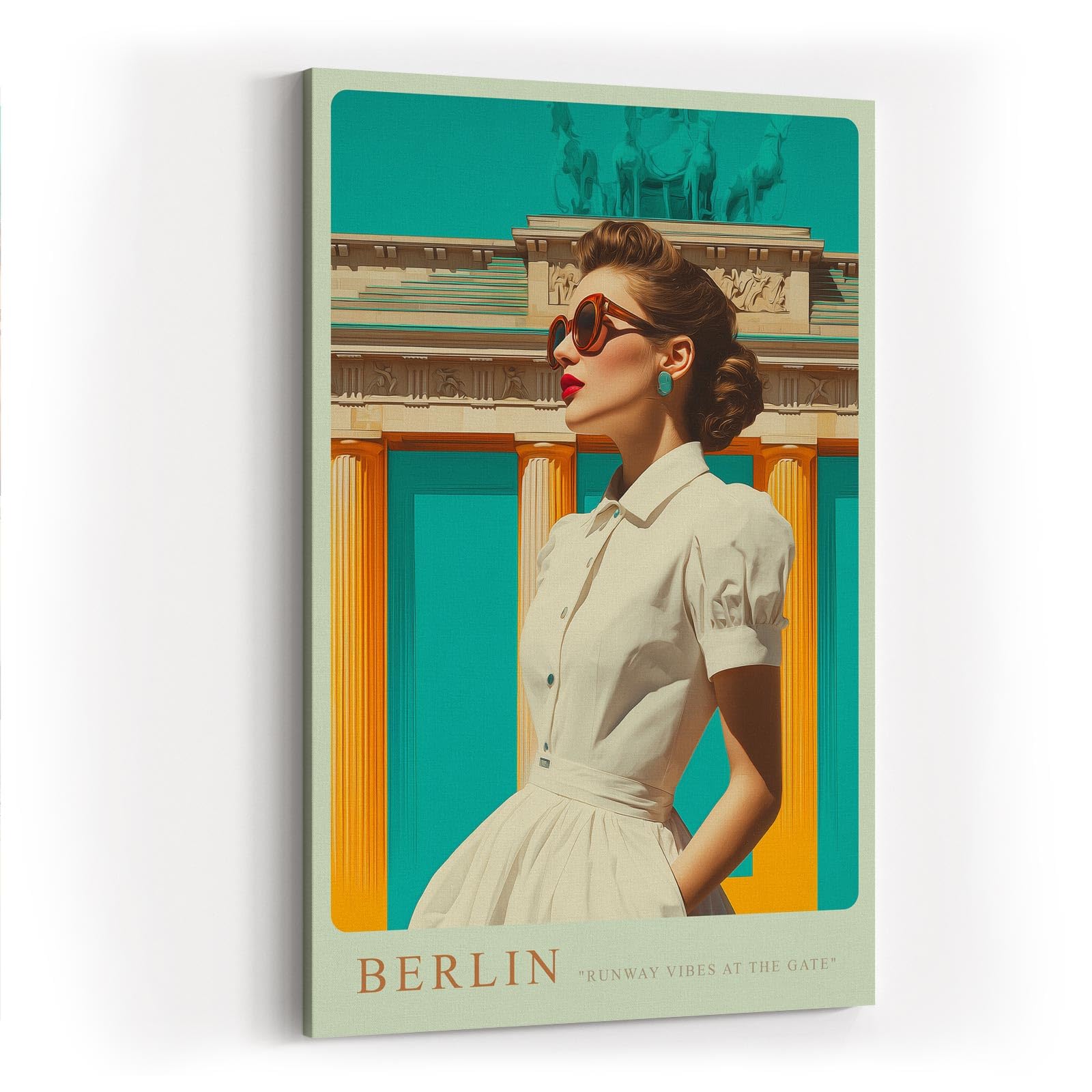 Paul Sinus Wandbild in 40x60cm Berlin – modebewusste Frau vor dem Brandenburger Tor in kräftigen Farben