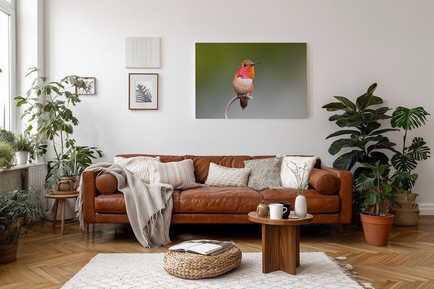 Sinus Art Wandbild 120x80cm Faszinierendes Kolibri-Motiv mit warmen Tönen auf ruhigem Hintergrund für naturnahe Ästhetik