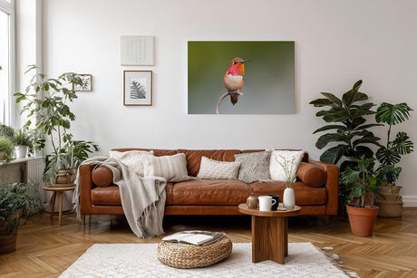 Sinus Art Wandbild 120x80cm Faszinierendes Kolibri-Motiv mit warmen Tönen auf ruhigem Hintergrund für naturnahe Ästhetik