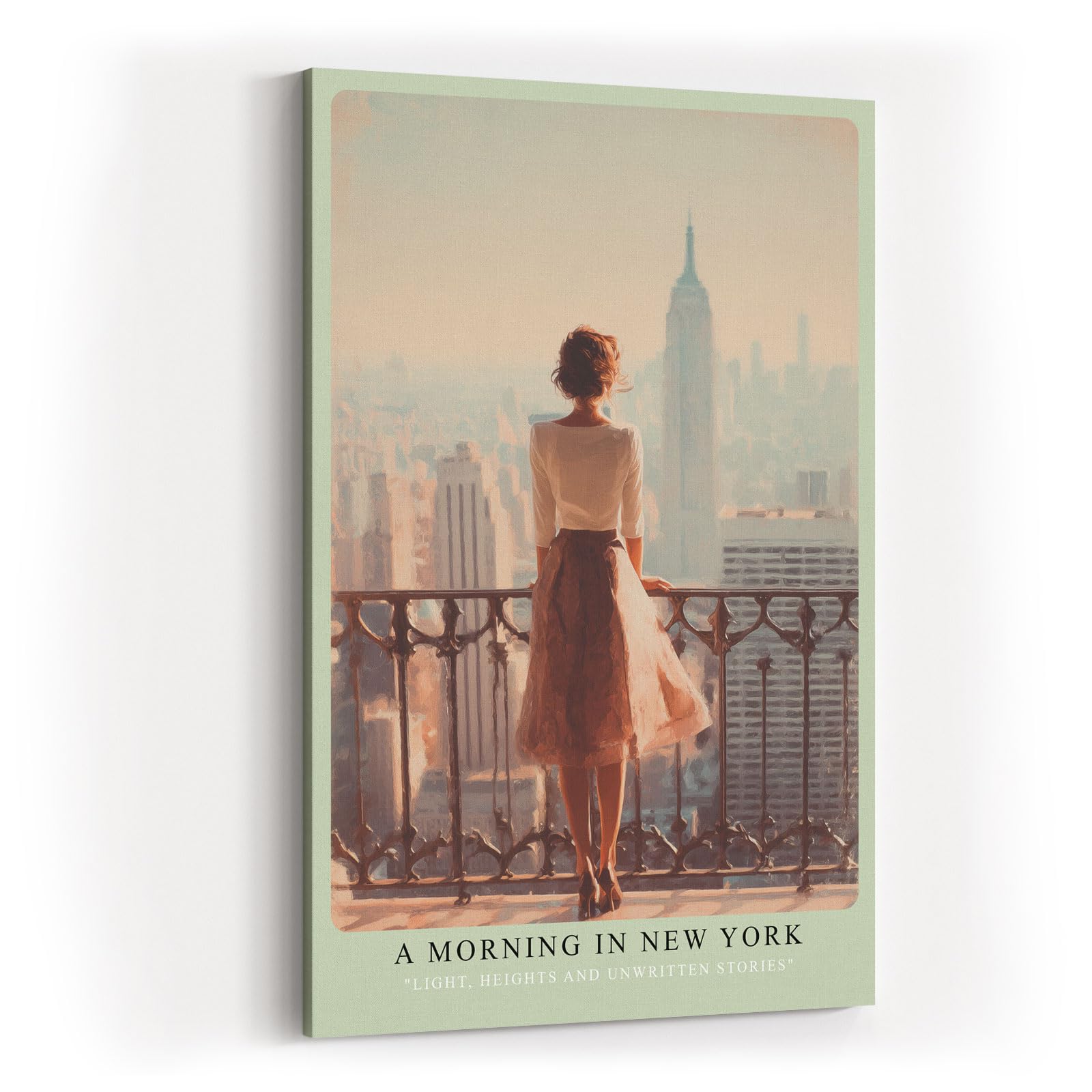 Paul Sinus Wandbild in 40x60cm A Morning in New York – Frau auf Balkon mit Blick auf Empire State Building, stimmungsvolles Stadtmotiv im Morgenlicht
