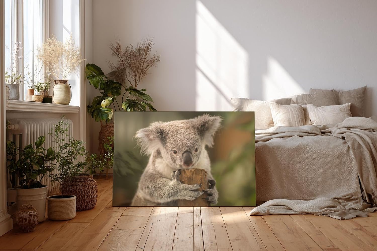 Sinus Art Wandbild 120x80cm Liebevolle Tieraufnahme mit Koala in natürlicher Pose vor ruhiger Kulisse