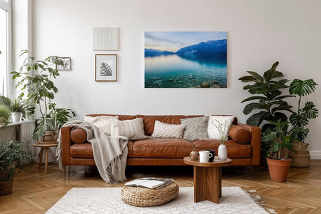 Sinus Art Wandbild 120x80cm Die Spiegelung im Wasser und die klaren Steine im Vordergrund vermitteln Ruhe und Weite