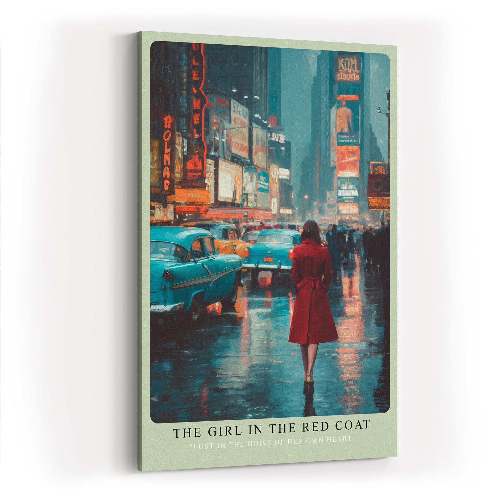 Paul Sinus Wandbild in 40x60cm The Girl in the Red Coat Impressionistische Stadtszene mit Frau im roten Mantel im nächtlichen Times Square
