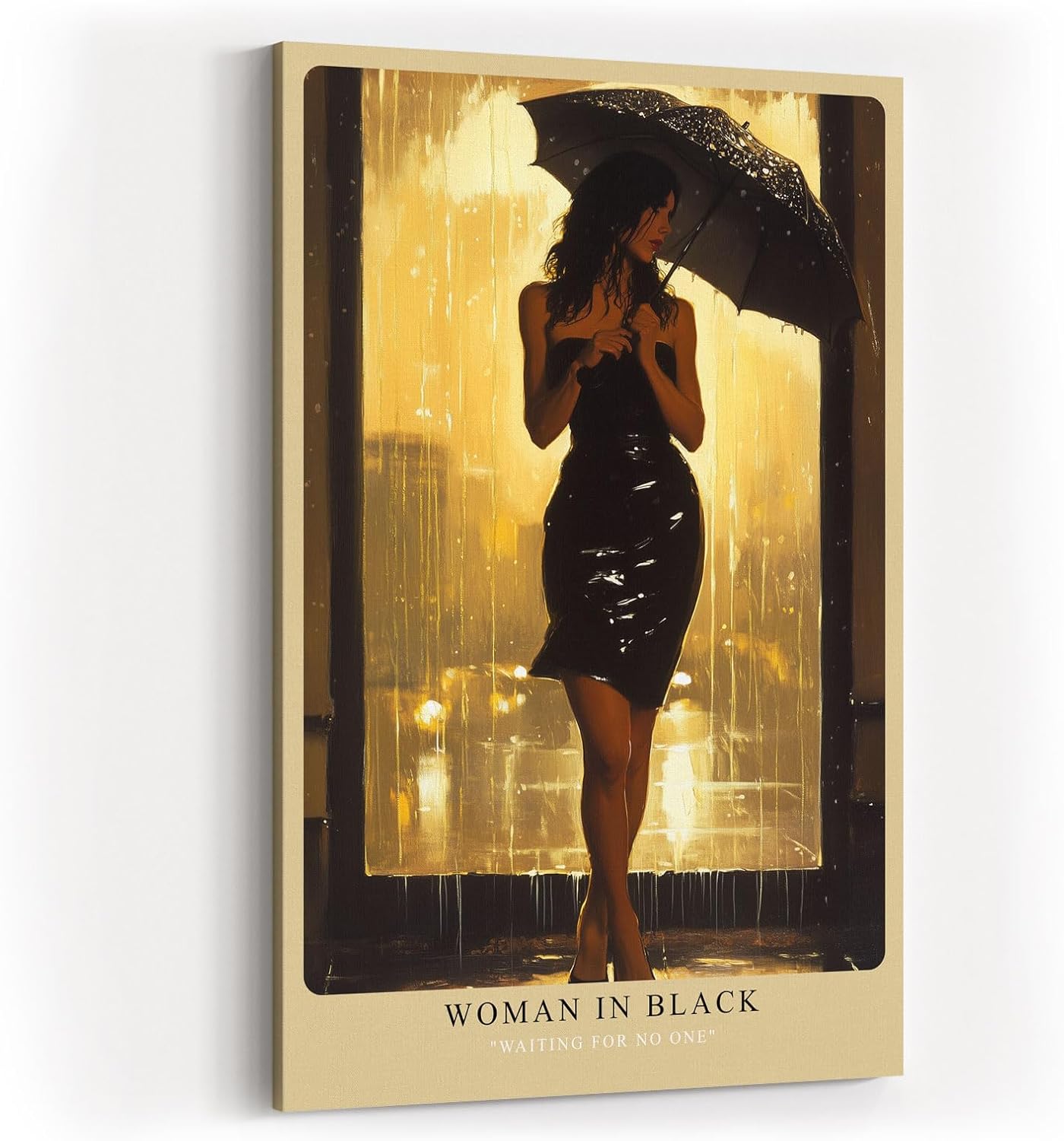 Paul Sinus Wandbild in 40x60cm Woman in Black – elegante Frau im schwarzen Kleid bei Regen, stimmungsvoll inszeniert für moderne Wohnräume