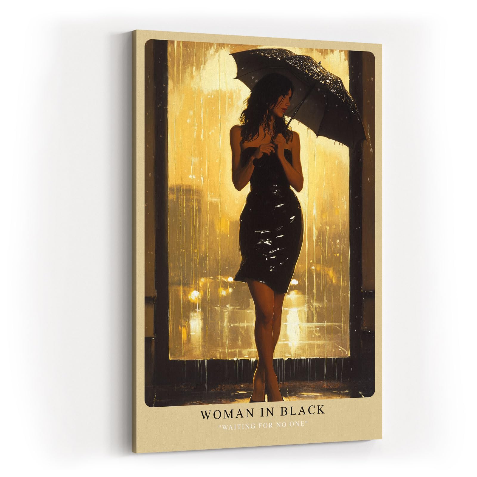 Paul Sinus Wandbild in 40x60cm Woman in Black – elegante Frau im schwarzen Kleid bei Regen, stimmungsvoll inszeniert für moderne Wohnräume