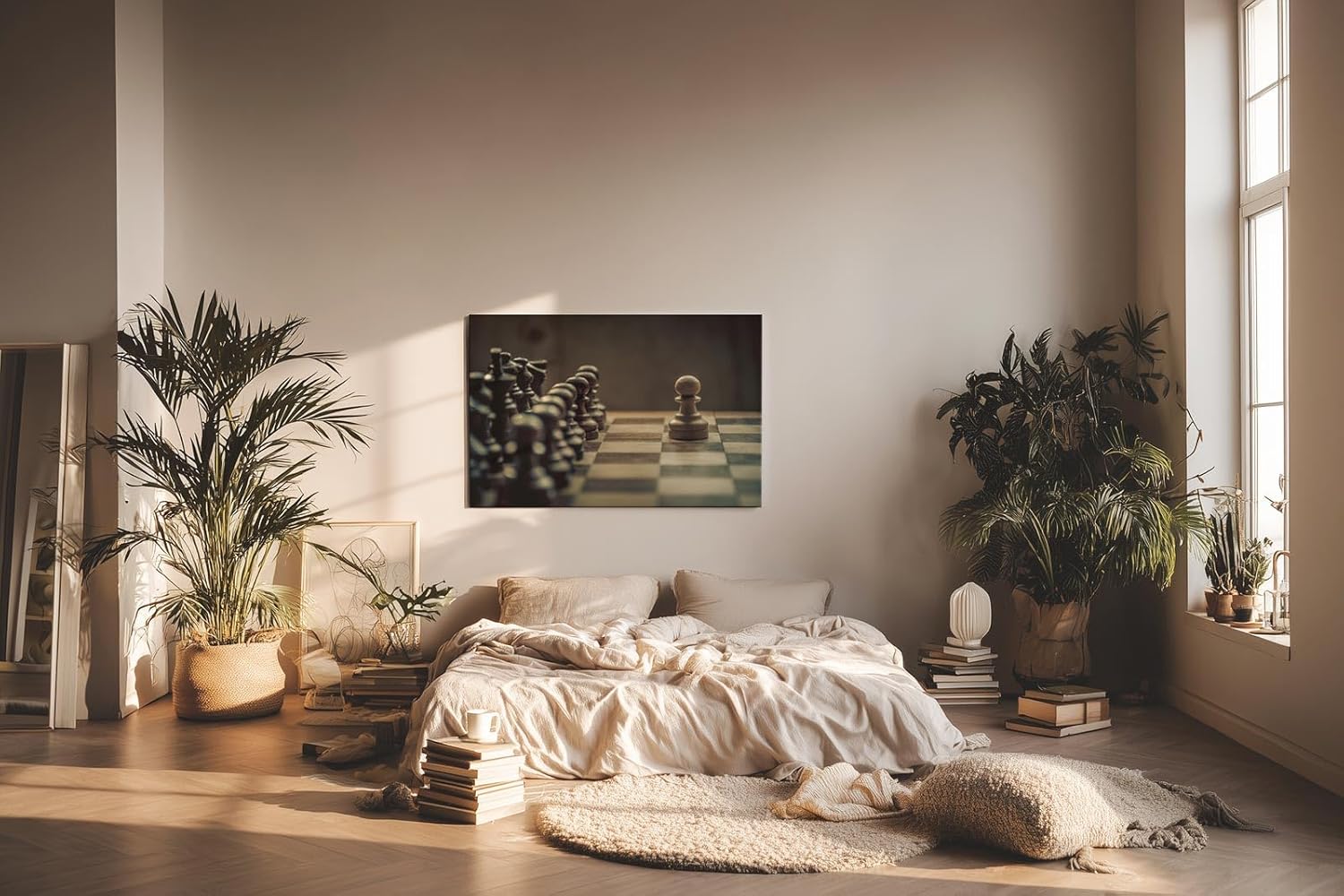 Sinus Art Wandbild 120x80cm Ausdrucksstarke Schachszene mit Fokus auf den einzelnen Bauern als Symbol für Mut und Entscheidungskraft