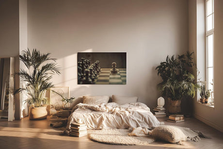 Sinus Art Wandbild 120x80cm Ausdrucksstarke Schachszene mit Fokus auf den einzelnen Bauern als Symbol für Mut und Entscheidungskraft