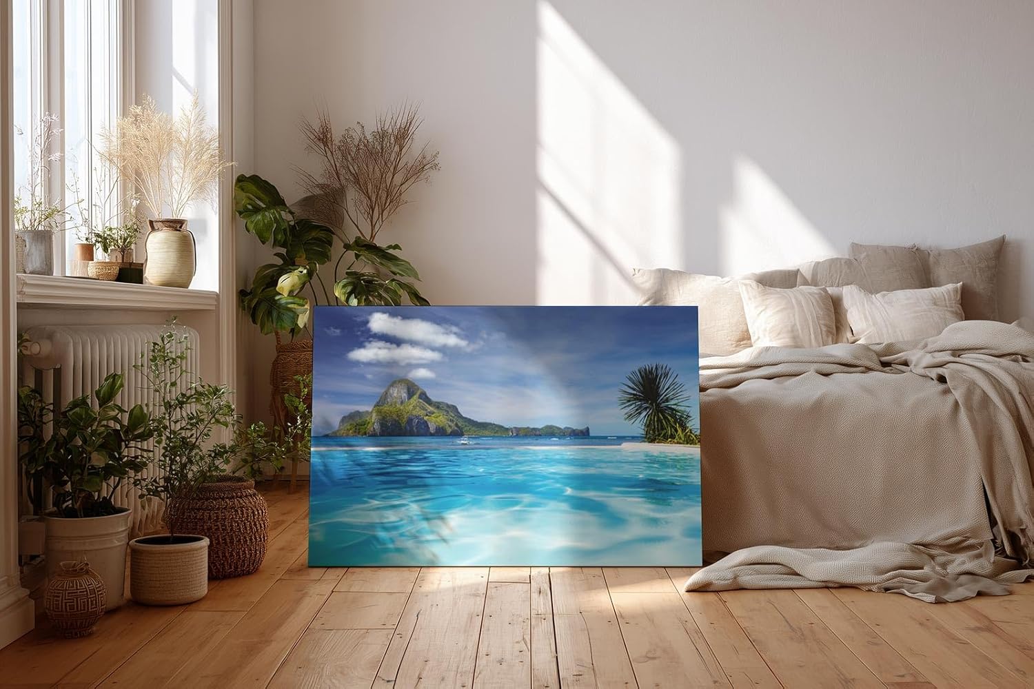 Sinus Art Wandbild 120x80cm Faszinierendes Tropenmotiv mit türkisfarbenem Wasser und exotischer Vegetation