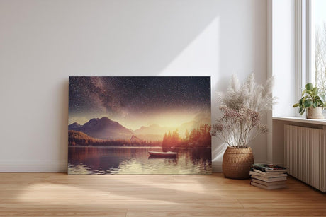 Sinus Art Wandbild 120x80cm Stimmungsvolle Komposition aus Sternenhimmel, Bergen und stiller Wasserfläche