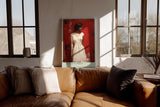 Paul Sinus Wandbild in 40x60cm Frau in weißem Kleid vor roter Wand – modernes Porträt mit ausdrucksstarker Komposition