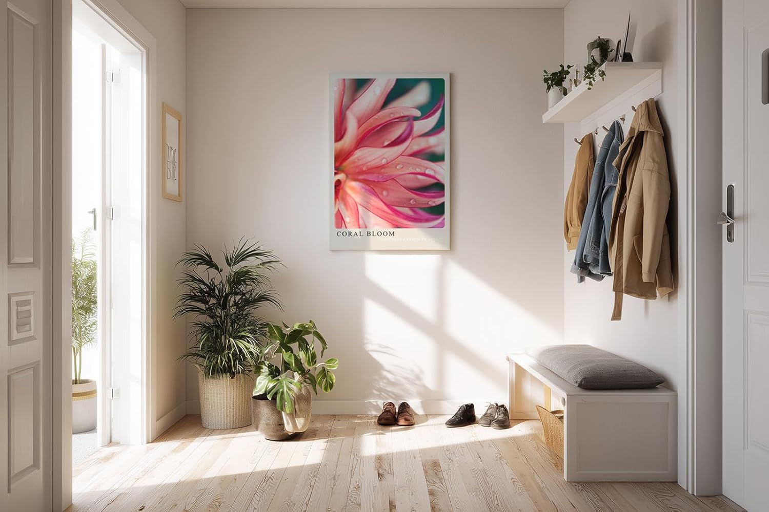 Paul Sinus Kunstdruck 40x60cm Coral Bloom – Blüte in Korallrot mit zarten Tropfen in leuchtender Nahaufnahme