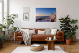 Sinus Art Wandbild 120x80cm Weiße Häuser und Windmühlen über dem Meer im goldenen Abendlicht