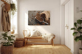 Sinus Art Wandbild 120x80cm Kaffeebohnen in Metallschaufel neben Jutesack auf dunklem Untergrund für authentisches Ambiente