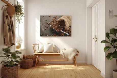 Sinus Art Wandbild 120x80cm Kaffeebohnen in Metallschaufel neben Jutesack auf dunklem Untergrund für authentisches Ambiente