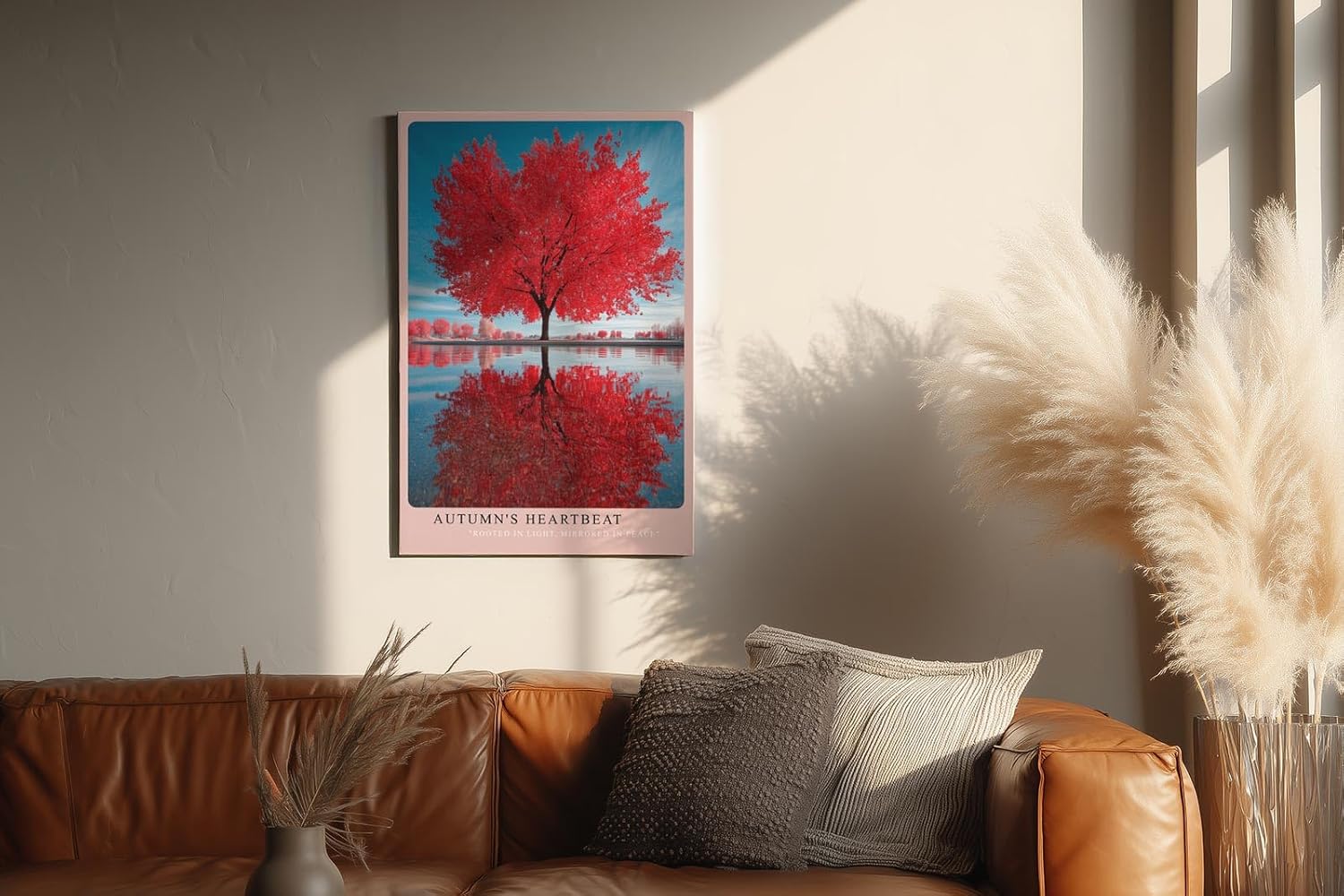 Paul Sinus Wandbild in 40x60cm Autumn's Heartbeat Roter Herbstbaum mit Spiegelung im Wasser unter blauem Himmel für elegante Wohnraumgestaltung