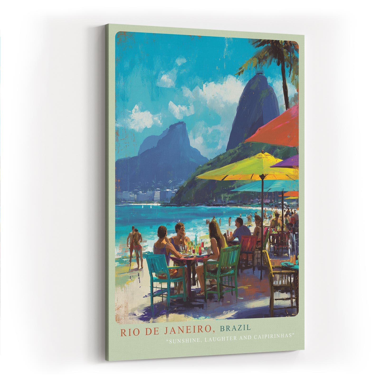 Paul Sinus Wandbild in 40x60cm Rio de Janeiro Strandansicht mit Zuckerhut, Sonnenschirmen und lebendiger Café-Szene in sommerlicher Farbigkeit
