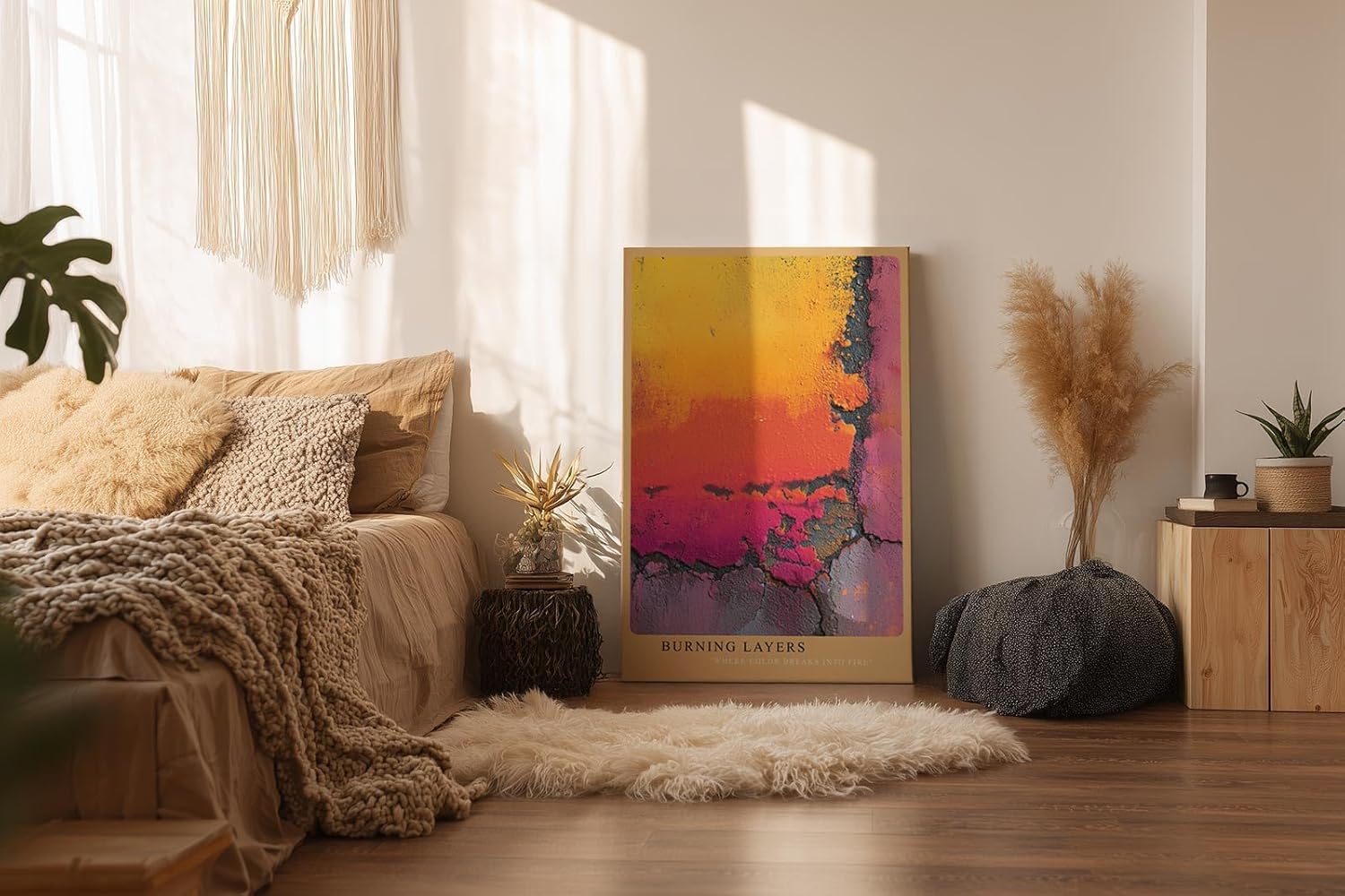 Paul Sinus Wandbild in 40x60cm Burning Layers Abstrakte Nahaufnahme einer farbintensiven, verwitterten Oberfläche in Gelb-, Orangeund Pinktönen