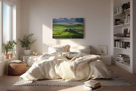 Sinus Art Wandbild 120x80cm Leuchtend grüne Weinberge und Hügel mit typischen Zypressen und Villa