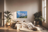 Sinus Art Wandbild 120x80cm Beeindruckendes Panorama mit schneebedeckten Gipfeln und grünen Hängen im Vordergrund