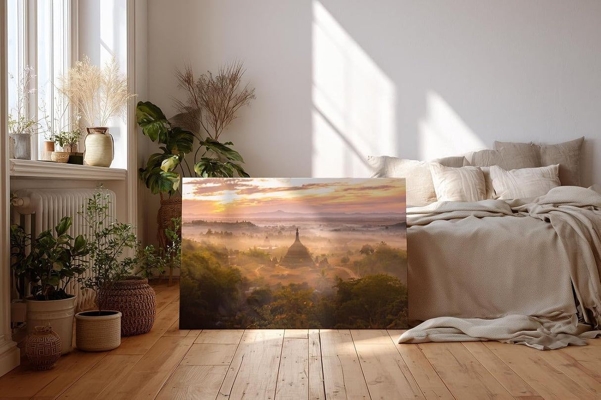 Sinus Art Wandbild 120x80cm Tempel im Morgendunst – faszinierende Komposition aus Kultur, Natur und Licht