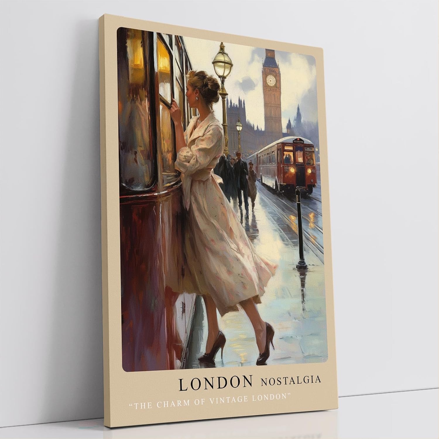 Paul Sinus Leinwandbild 60x90cm London Nostalgie – Romantische Szene einer Frau in Vintage-Kleidung, die in London in eine Straßenbahn einsteigt