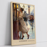 Paul Sinus Leinwandbild 60x90cm London Nostalgie – Romantische Szene einer Frau in Vintage-Kleidung, die in London in eine Straßenbahn einsteigt