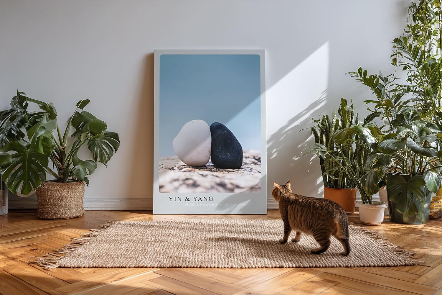 Paul Sinus Kunstdruck 40x60cm Yin & Yang schwarzweiße Steine in Balance auf Fels mit ruhigem Hintergrund als Symbol für Harmonie