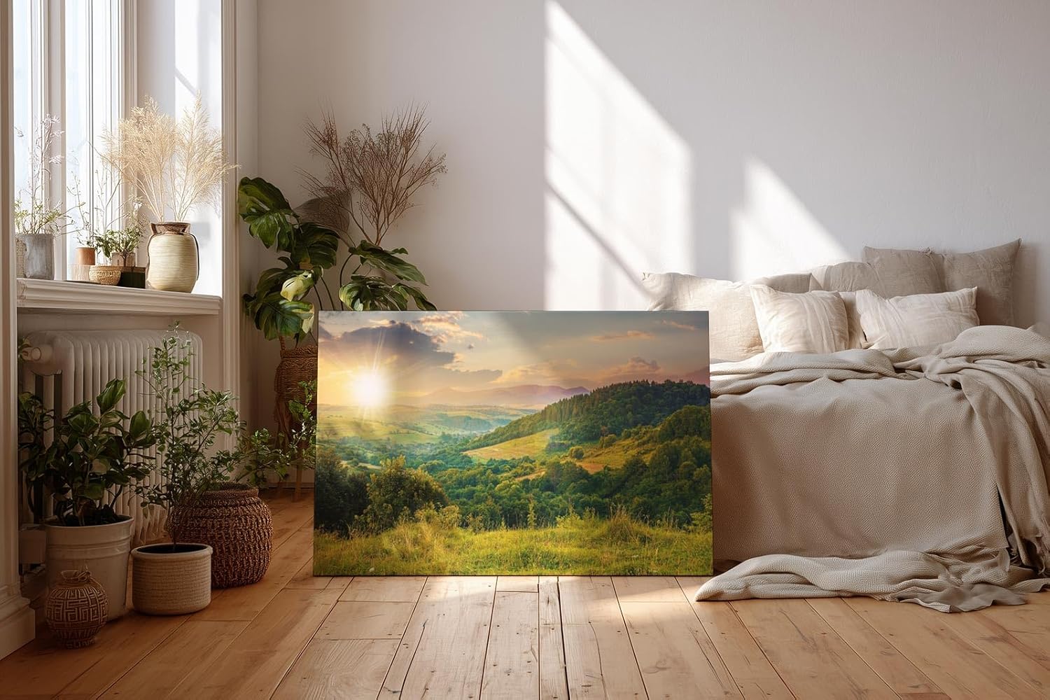 Sinus Art Wandbild 120x80cm Sanfte Hügellandschaft mit kräftigem Sonnenaufgang in natürlicher Weite