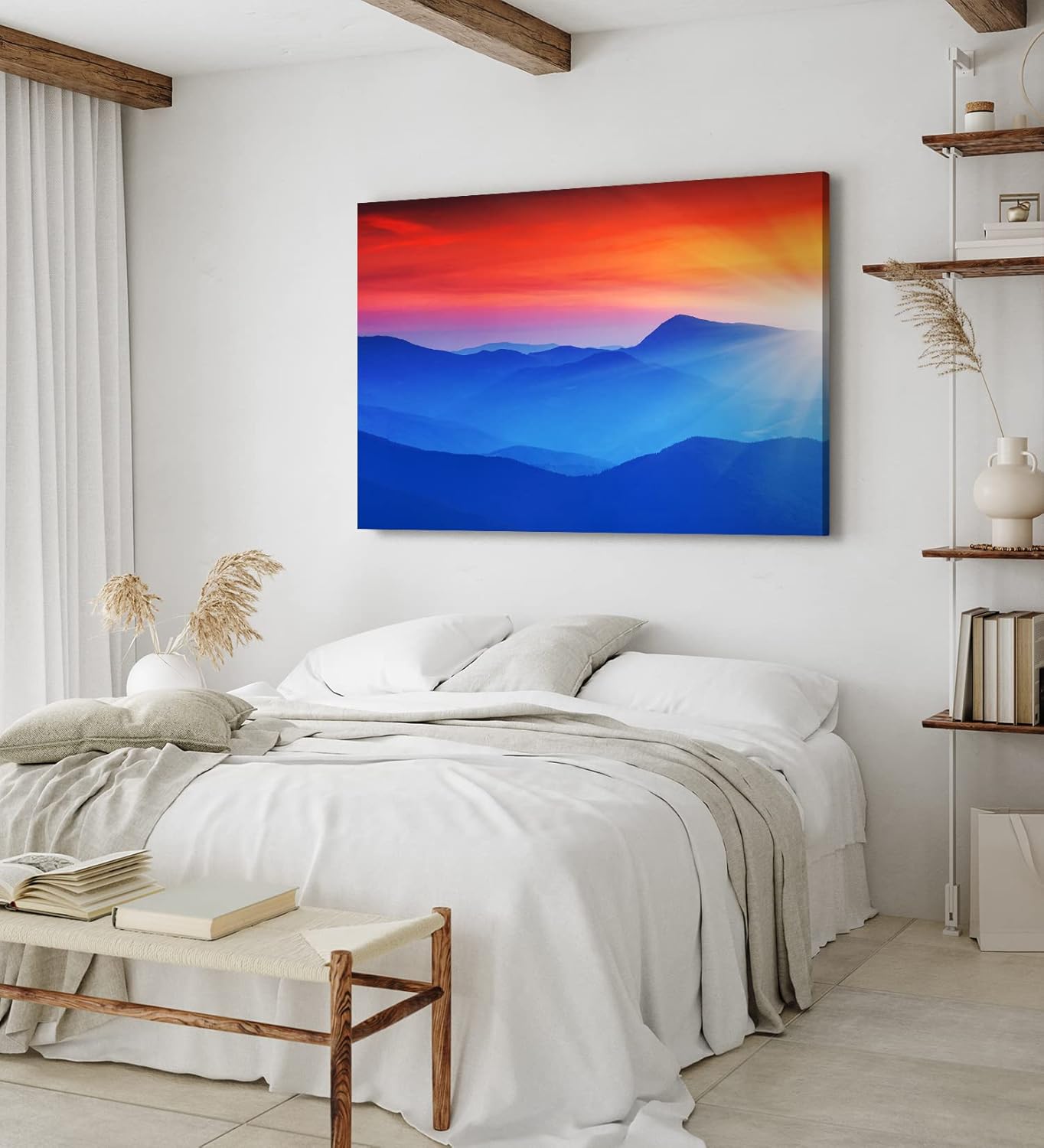 Paul Sinus Wandbild 120x80cm Gebirge Berge Blau Rot Sonnenstrahlen Bergkette