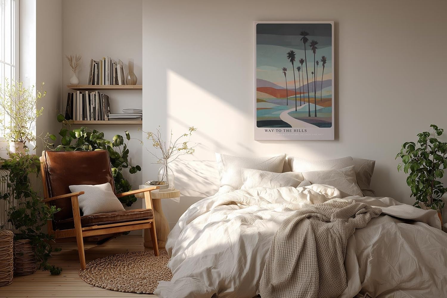 Paul Sinus Wandbild in 40x60cm Way to the Hills – stilisierte Palmenlandschaft mit geschwungenem Weg, moderne Kunst in sanften Pastelltönen