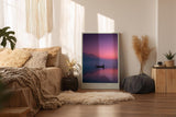 Paul Sinus Wandbild in 40x60cm Ruderboot auf stillem See bei Sonnenuntergang mit Bergen und Vogelschwarm im Hintergrund