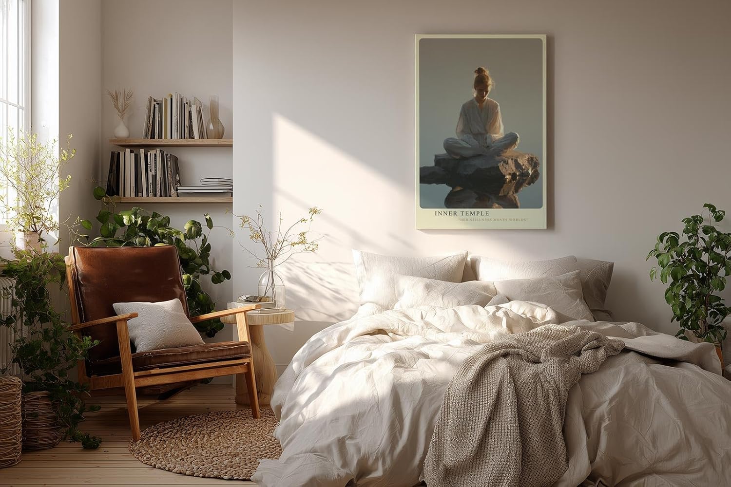 Paul Sinus Wandbild in 40x60cm Inner Temple – Meditatives Porträt einer Frau in weißem Gewand, sitzend auf einem Felsen im Wasser bei sanftem Morgenlicht, moderne Bilder in warmen Tönen