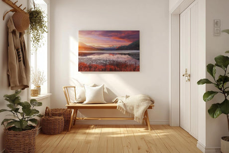 Sinus Art Wandbild 120x80cm See mit reflektierendem Himmel vor verschneiten Bergen – kontrastreich und lebendig