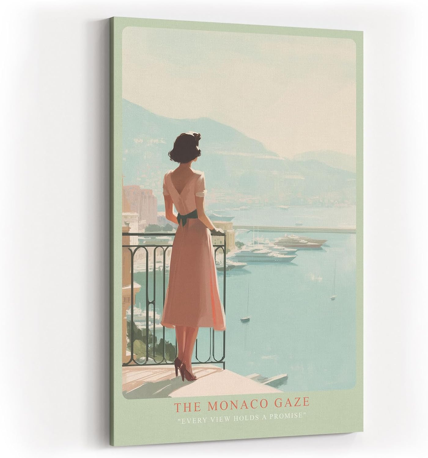 Paul Sinus Wandbild in 40x60cm elegante Frau mit Blick auf Yachthafen von Monaco in pastelligen Farben – stilvolles Retro-Reiseposter für zeitlose Wohnakzente