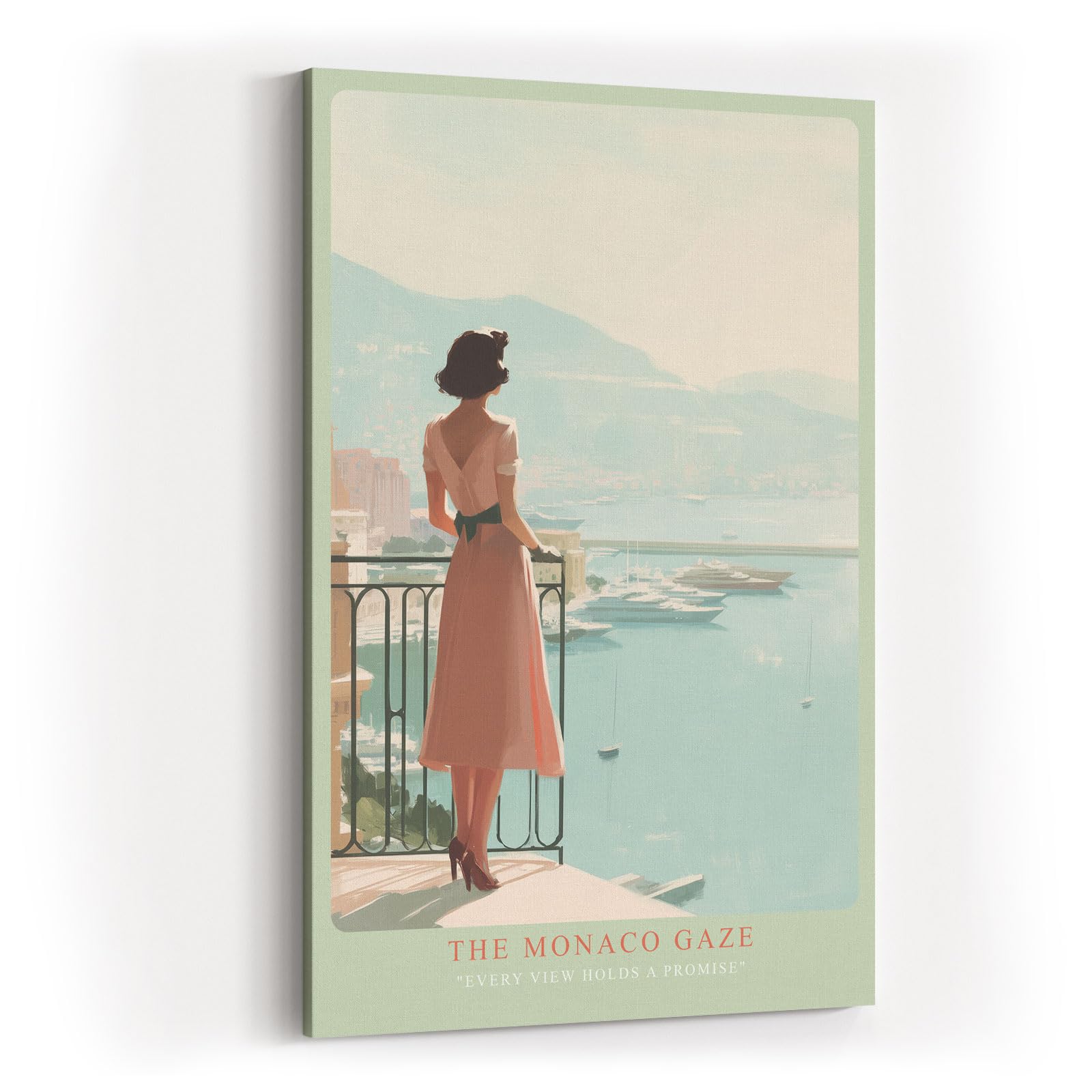 Paul Sinus Wandbild in 40x60cm elegante Frau mit Blick auf Yachthafen von Monaco in pastelligen Farben – stilvolles Retro-Reiseposter für zeitlose Wohnakzente