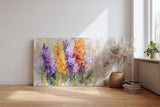 Sinus Art Wandbild 120x80cm Vielfarbige Blütengruppen in Lila Orange Weiß und Gelb – lebendig und künstlerisch interpretiert