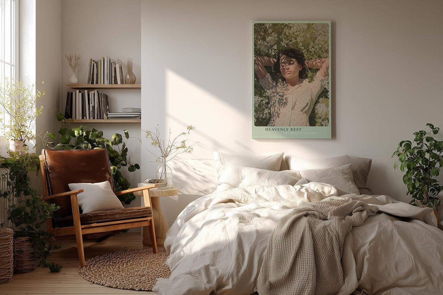 Paul Sinus Wandbild in 40x60cm Heavenly Rest – Liegendes Porträt einer jungen Frau im Blumenfeld, mit geschlossenen Augen, moderne Bilder in sanften Pastelltönen, friedlich und träumerisch
