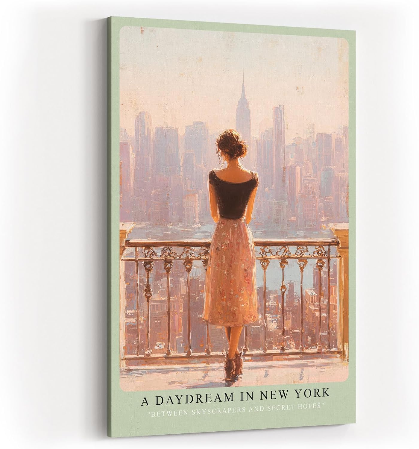 Paul Sinus Wandbild in 40x60cm A Daydream in New York – Frau auf Balkon mit Blick auf Skyline im sanften Licht, romantisches Stadtmotiv