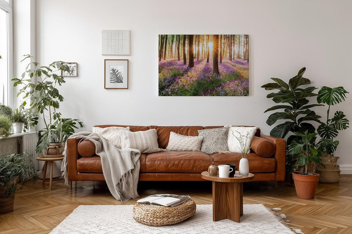 Sinus Art Wandbild 120x80cm Waldszene mit violetten Blüten und einfallender Sonne für verträumte Atmosphäre