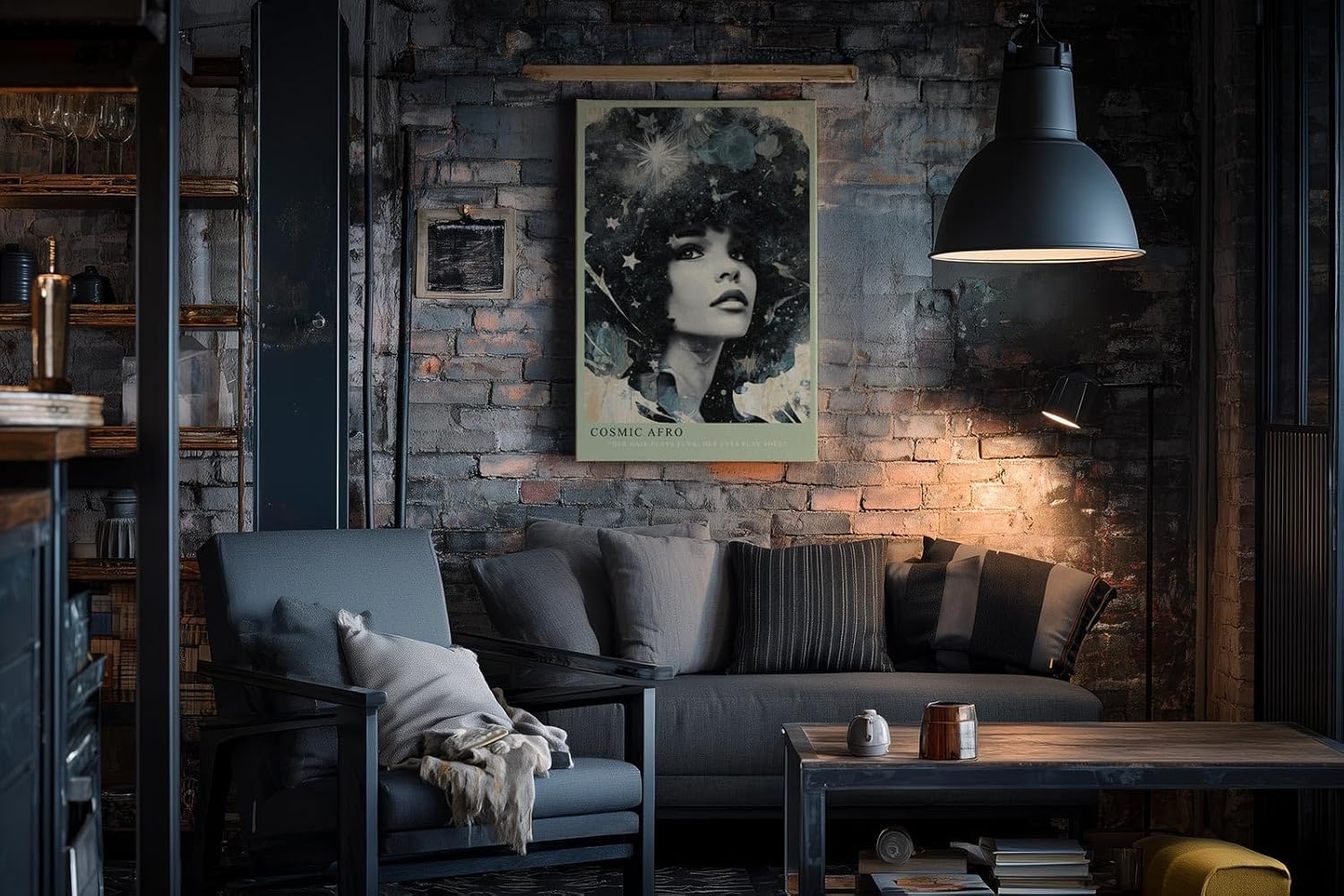 Paul Sinus Wandbild in 40x60cm Cosmic Afro stilvolles Porträt einer Frau mit Afro voller Sterne und kosmischen Elementen