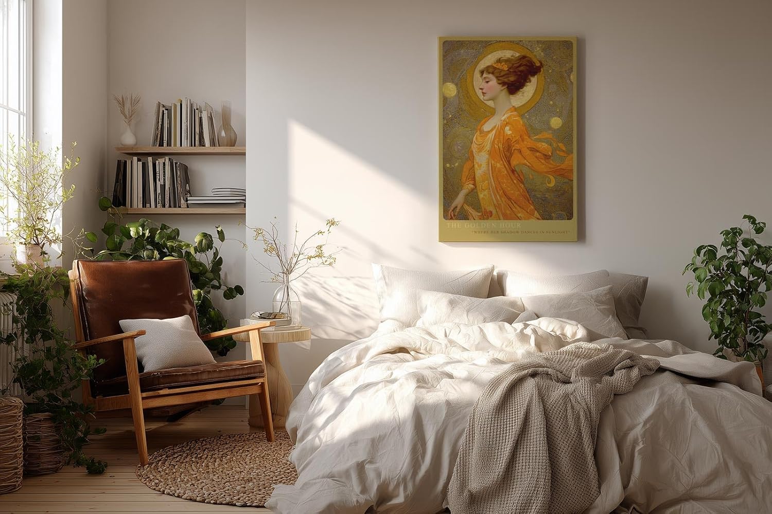 Paul Sinus Wandbild in 40x60cm The Golden Hour mit eleganter Frau in goldener Robe vor strahlendem Kreis für luxuriöse Wandgestaltung