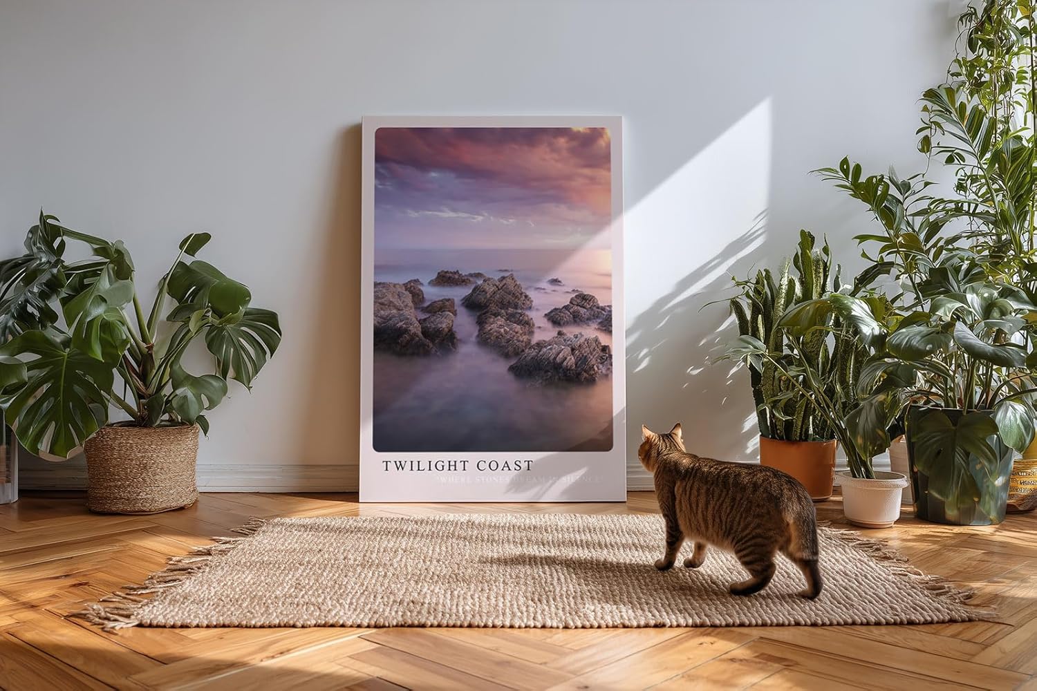 Paul Sinus Kunstdruck 40x60cm Twilight Coast – Felsen im Abendlicht an ruhiger Küste mit violettem Himmel und weichem Wasser