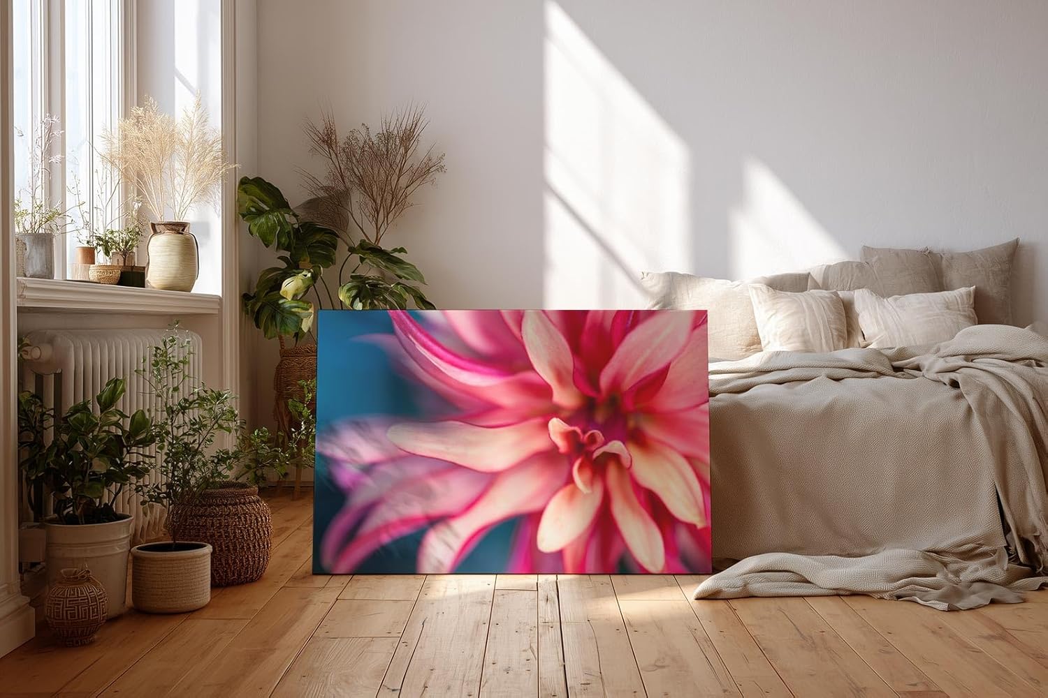 Sinus Art Wandbild 120x80cm Makroaufnahme einer farbenprächtigen Dahlie mit weichen Formen und kraftvoller Blütenmitte