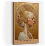 Paul Sinus Wandbild in 40x60cm Divine Femininity elegantes Porträt einer Frau in weiß-goldener Kopfbedeckung vor goldener Strahlenkrone