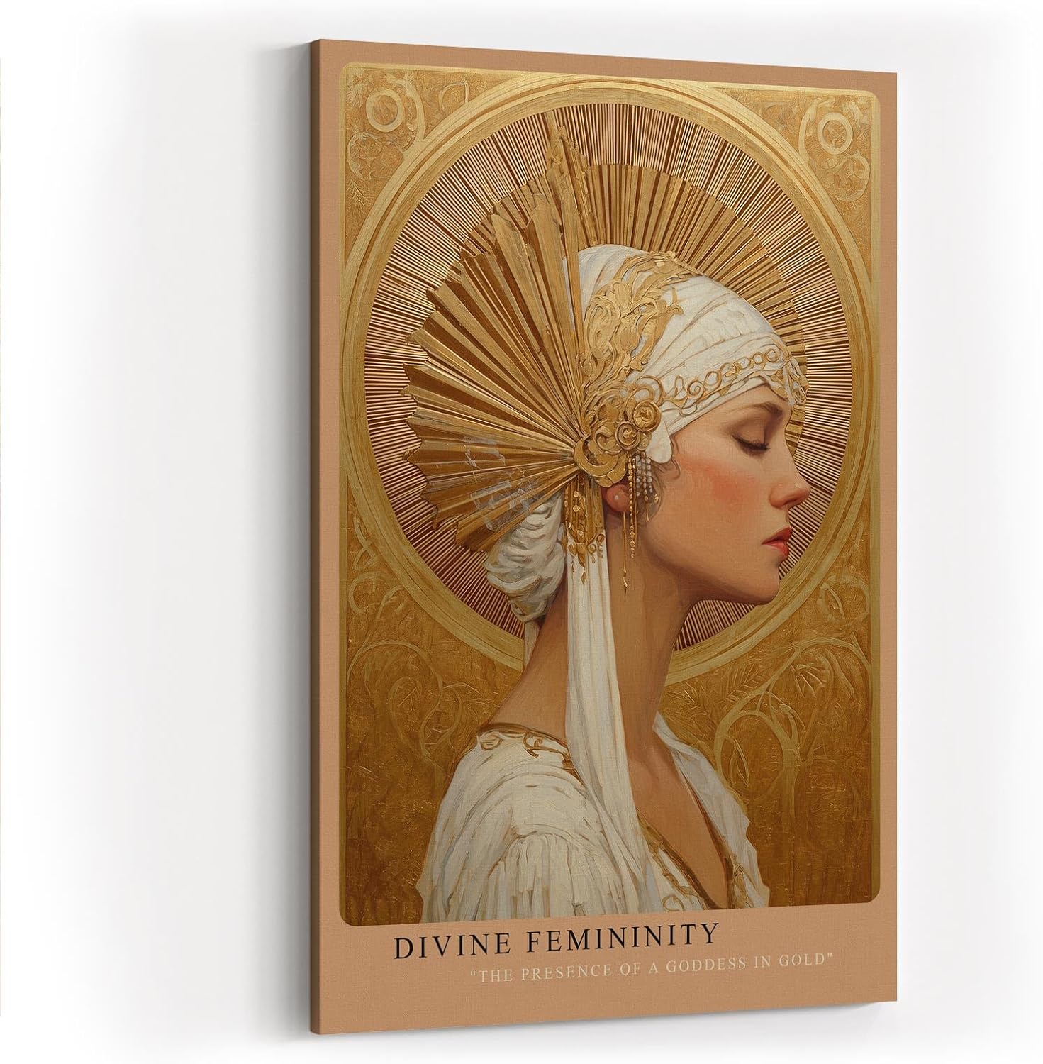 Paul Sinus Wandbild in 40x60cm Divine Femininity elegantes Porträt einer Frau in weiß-goldener Kopfbedeckung vor goldener Strahlenkrone