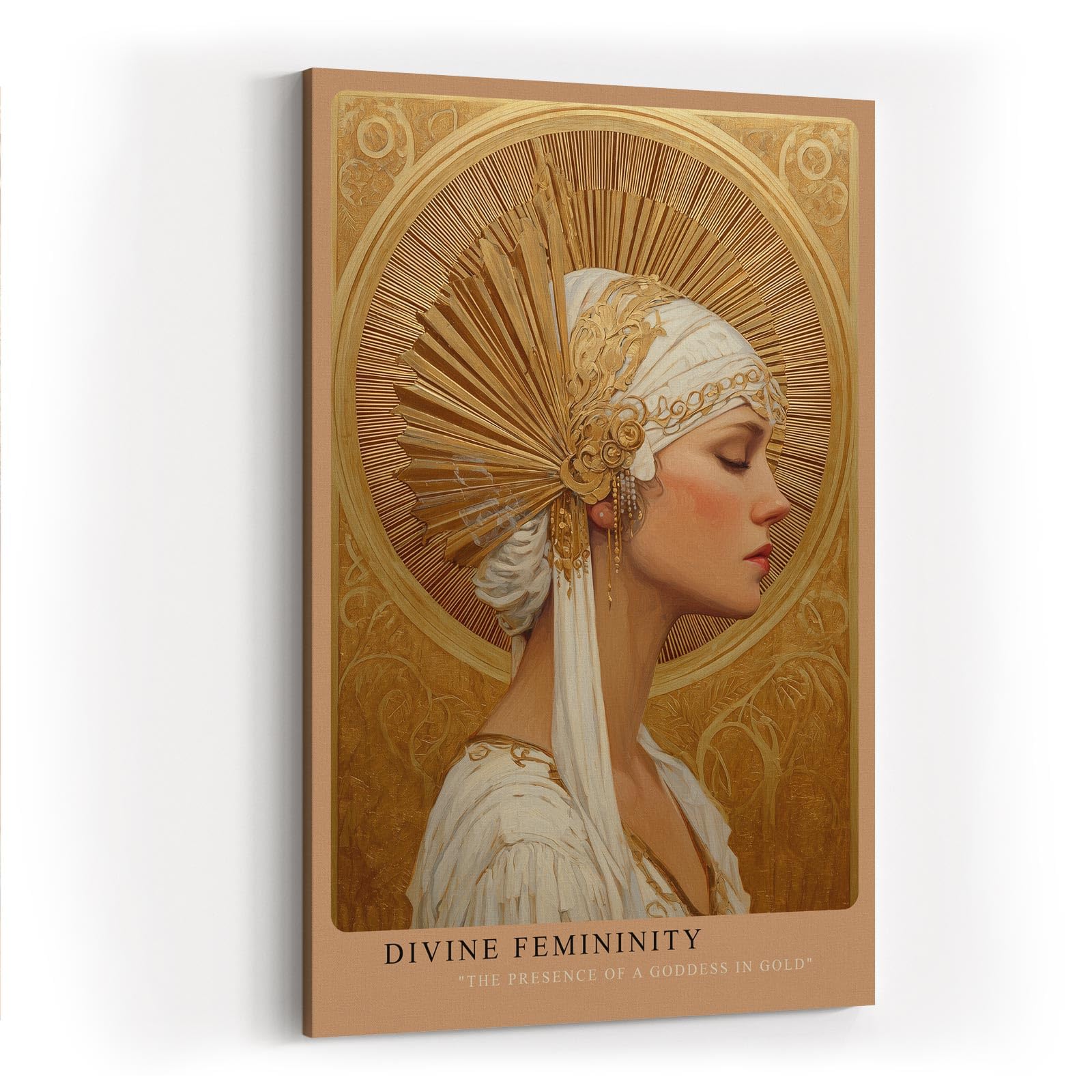 Paul Sinus Wandbild in 40x60cm Divine Femininity elegantes Porträt einer Frau in weiß-goldener Kopfbedeckung vor goldener Strahlenkrone