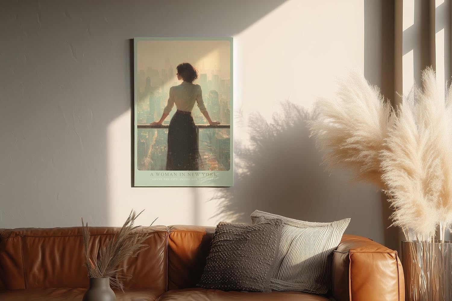 Paul Sinus Wandbild in 40x60cm A Woman in New York – Frau mit Blick auf Skyline im sanften Licht, elegantes Stadtmotiv mit nachdenklicher Stimmung