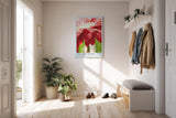 Paul Sinus Kunstdruck 40x60cm Morning Bloom – rote Blüte mit Tautropfen im Morgenlicht in Nahaufnahme