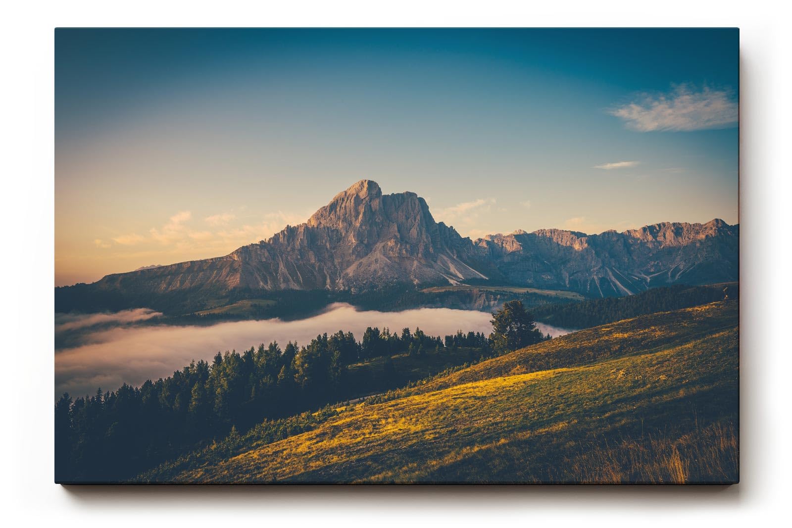 Sinus Art Wandbild 120x80cm Alpenmassiv im goldenen Licht des Sonnenaufgangs über grünen Hügeln